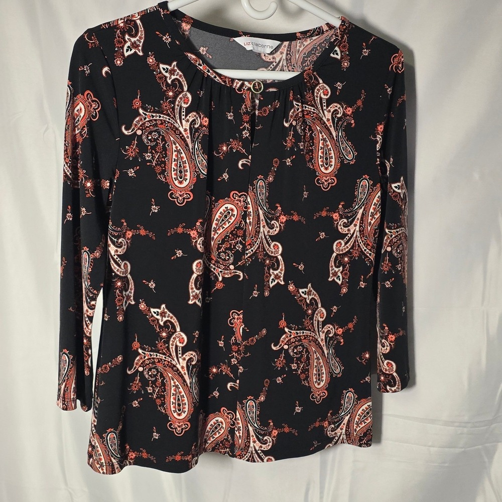 Liz Claiborne Womens Black Paisley 3/4 Sleeve Blouse Top boho indie Small